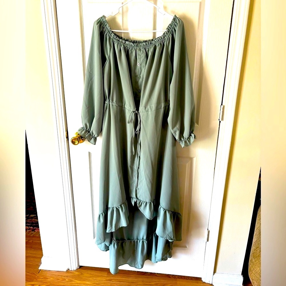 Farm Style dress Maxi Sage green long sleeve tie waist wide neck line stretch